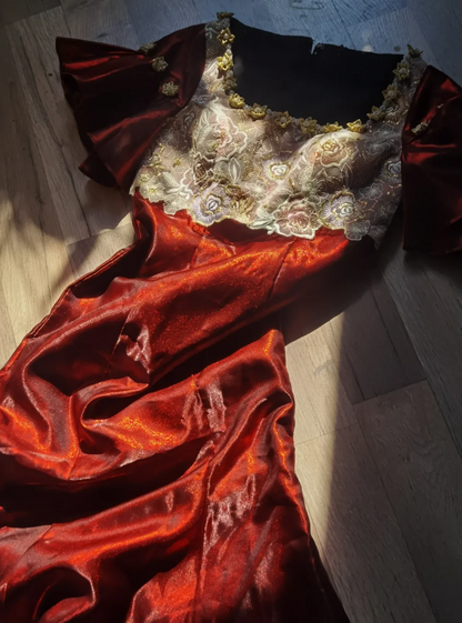 Gorgeous Square Neck Red Prom Dress Lace Floral Mermaid Formal Dress GG6925