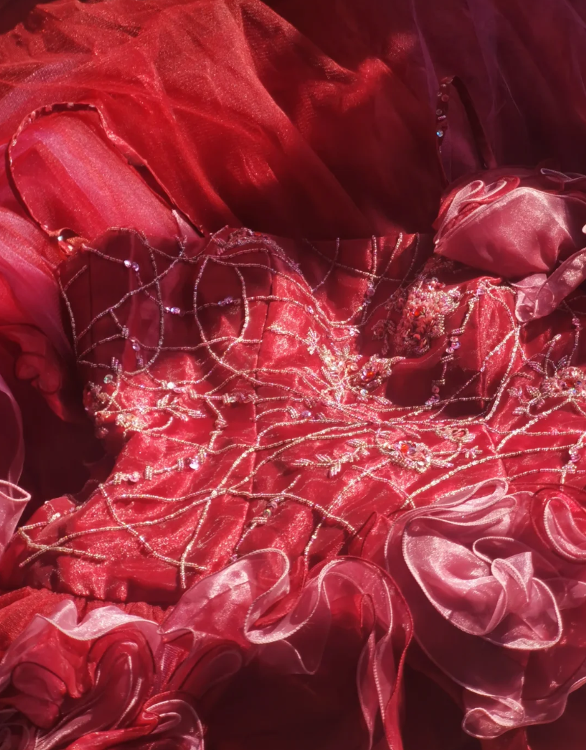 Graceful Spaghetti Straps Red Prom Dress Beading Ruffles A-Line Formal Dress GG6926