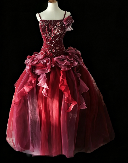 Graceful Spaghetti Straps Red Prom Dress Beading Ruffles A-Line Formal Dress GG6926