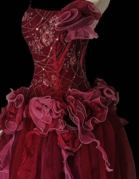 Graceful Spaghetti Straps Red Prom Dress Beading Ruffles A-Line Formal Dress GG6926