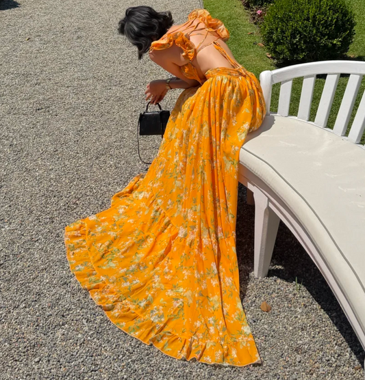 Vibrant V Neck Yellow Prom Dress Floral Ruffles A-Line Formal Dress GG6927