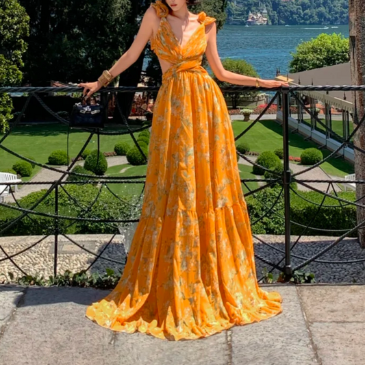 Vibrant V Neck Yellow Prom Dress Floral Ruffles A-Line Formal Dress GG6927