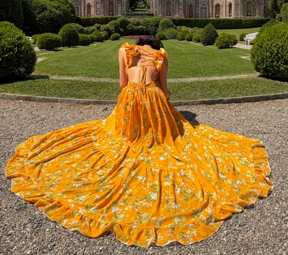 Vibrant V Neck Yellow Prom Dress Floral Ruffles A-Line Formal Dress GG6927