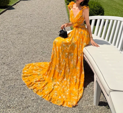 Vibrant V Neck Yellow Prom Dress Floral Ruffles A-Line Formal Dress GG6927