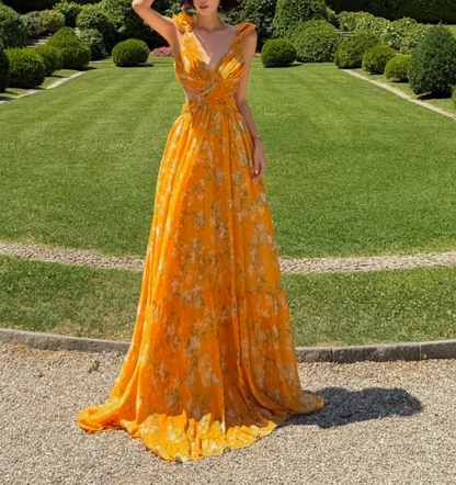 Vibrant V Neck Yellow Prom Dress Floral Ruffles A-Line Formal Dress GG6927