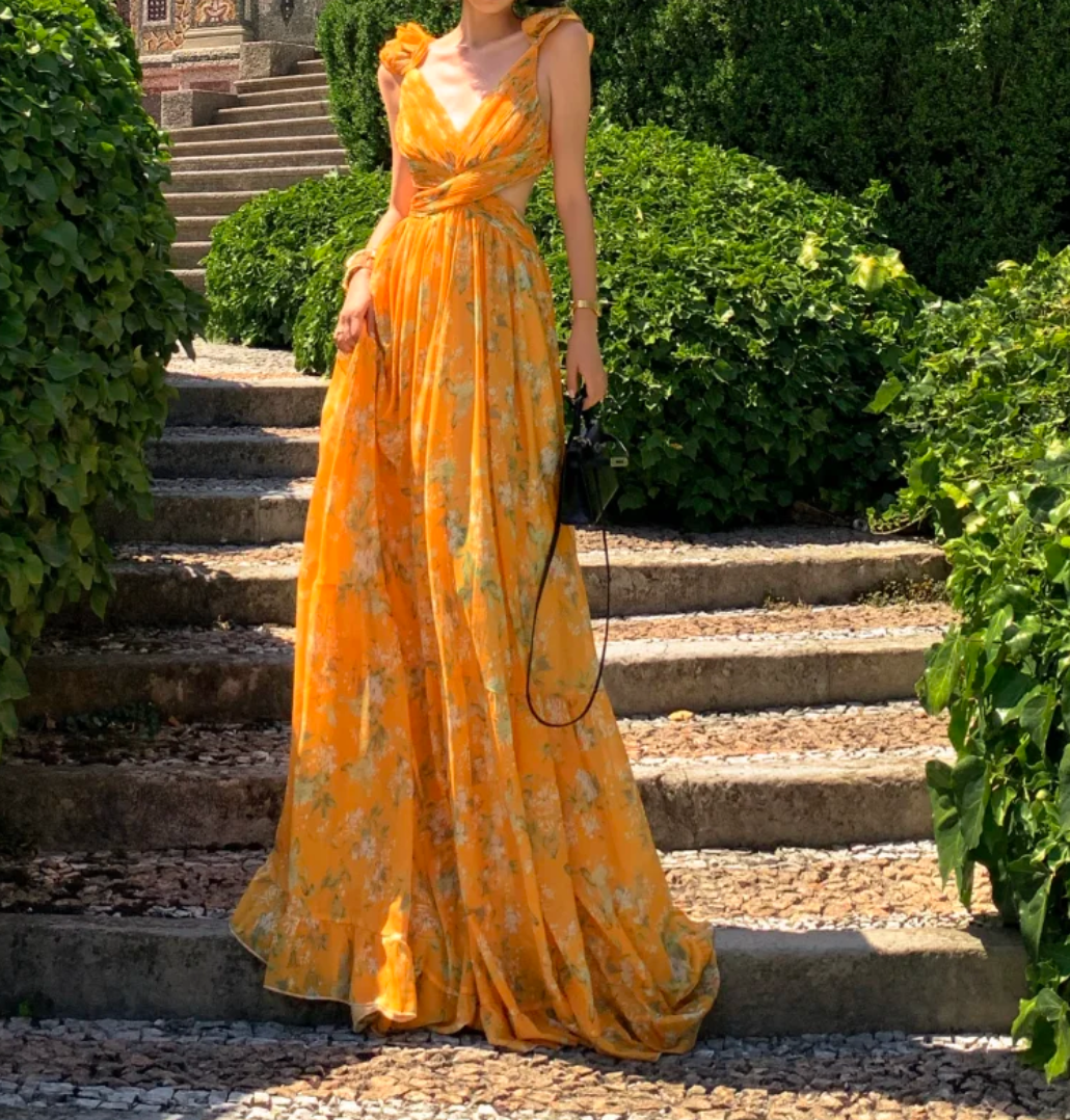 Vibrant V Neck Yellow Prom Dress Floral Ruffles A-Line Formal Dress GG6927
