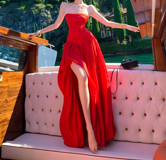 Alluring Strapless Red Prom Dress Slit A-Line Formal Dress GG6928