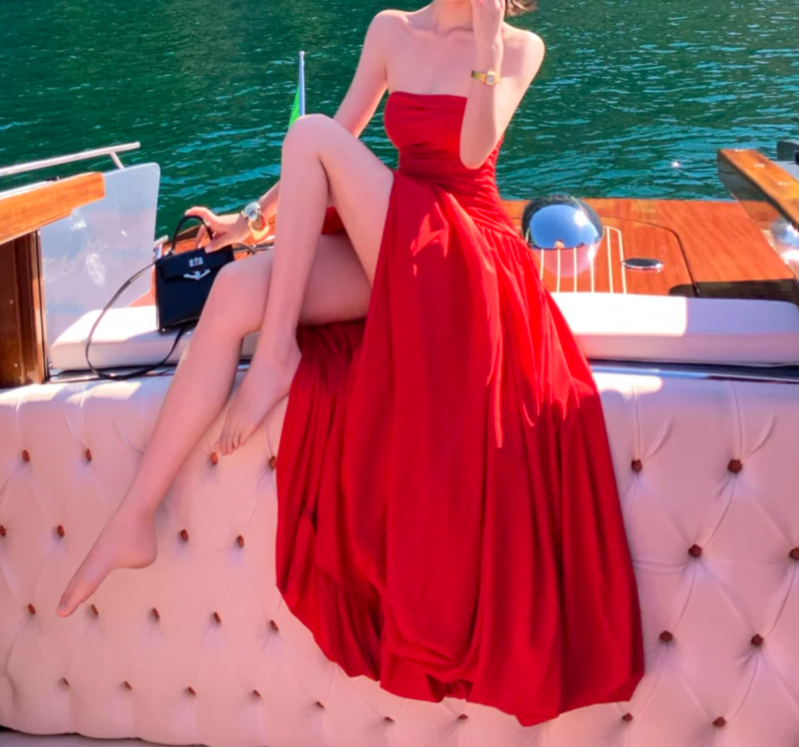 Alluring Strapless Red Prom Dress Slit A-Line Formal Dress GG6928