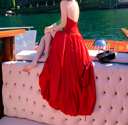 Alluring Strapless Red Prom Dress Slit A-Line Formal Dress GG6928
