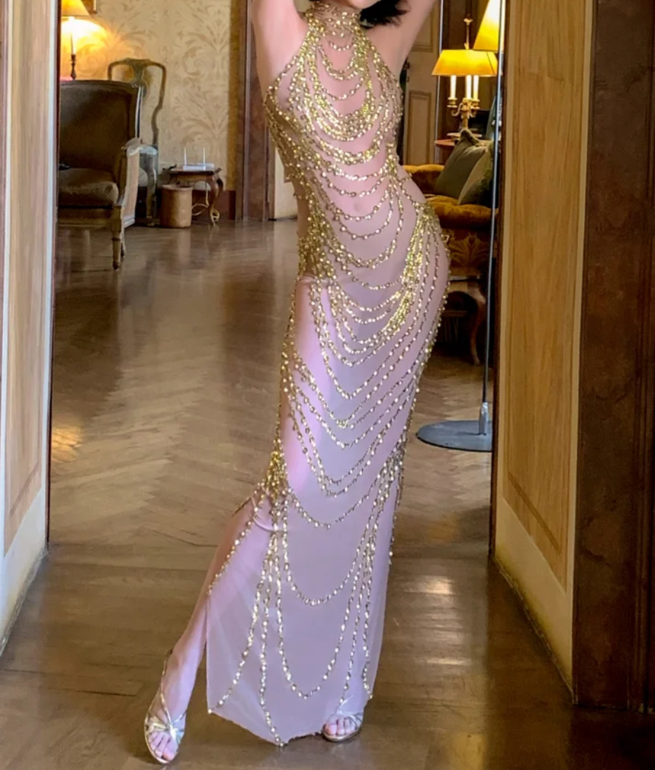 Trendy Halter Neck Gold Prom Dress Sequins Mermaid Formal Dress GG6929