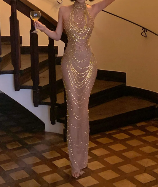 Trendy Halter Neck Gold Prom Dress Sequins Mermaid Formal Dress GG6929