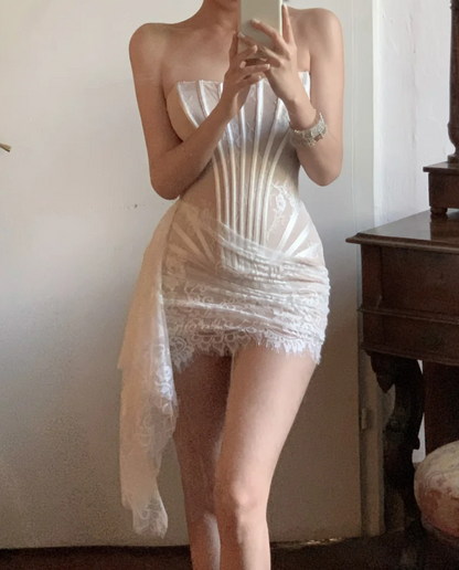 Graceful Strapless White Homecoming Dress Lace Sheath Birthday Dress GG6930