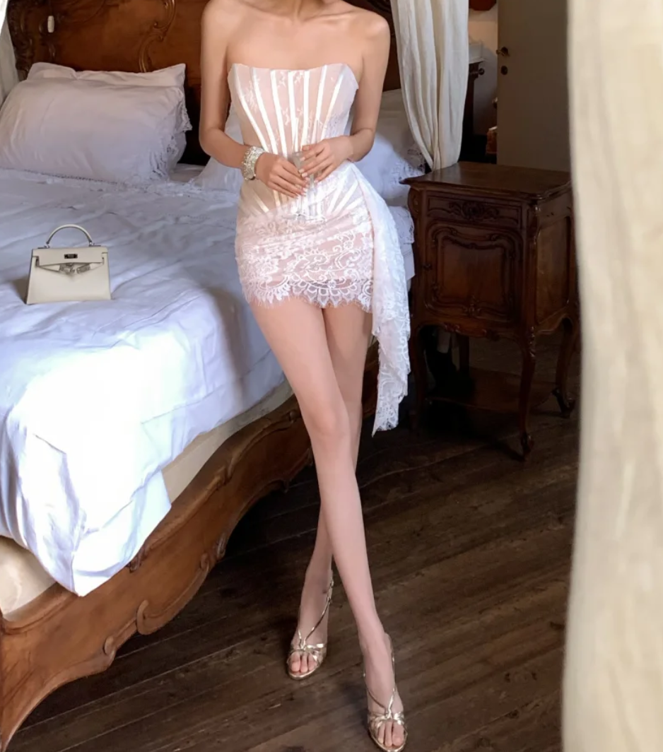 Graceful Strapless White Homecoming Dress Lace Sheath Birthday Dress GG6930