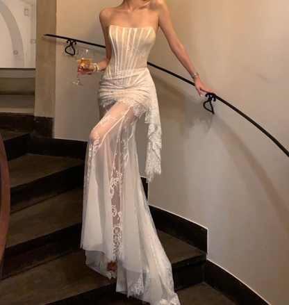 Graceful Strapless White Prom Dress Lace Mermaid Formal Dress GG6931