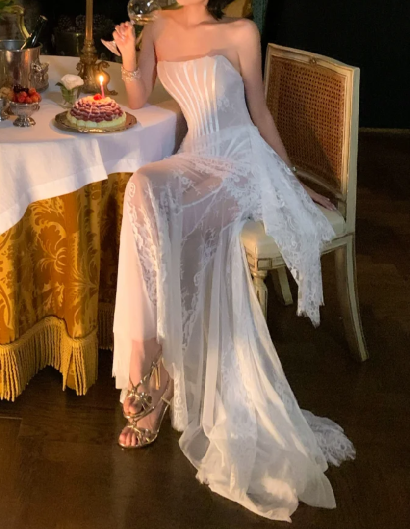 Graceful Strapless White Prom Dress Lace Mermaid Formal Dress GG6931