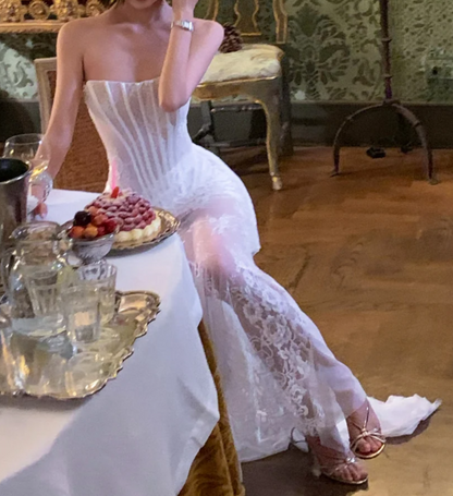Graceful Strapless White Prom Dress Lace Mermaid Formal Dress GG6931