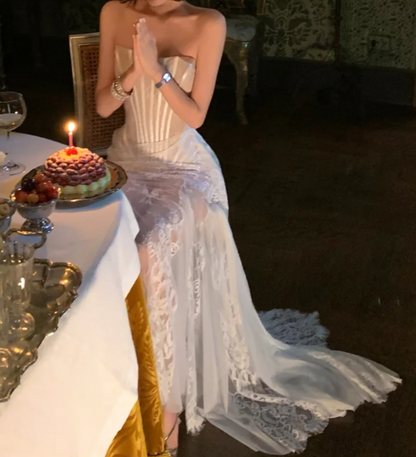 Graceful Strapless White Prom Dress Lace Mermaid Formal Dress GG6931