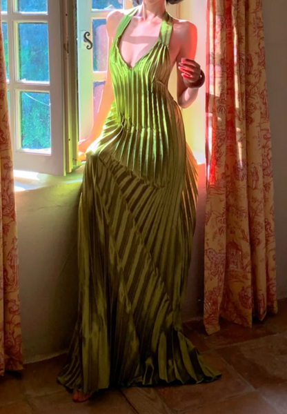 Unique Halter Neck Green Prom Dress Backless Pleated A-Line Formal Dress GG6932