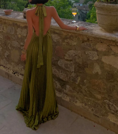 Unique Halter Neck Green Prom Dress Backless Pleated A-Line Formal Dress GG6932