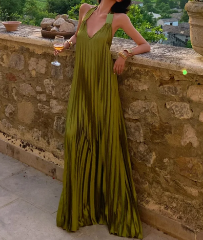 Unique Halter Neck Green Prom Dress Backless Pleated A-Line Formal Dress GG6932
