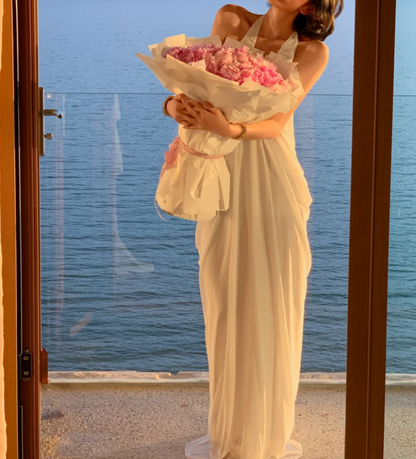 Sleek Halter Neck White Prom Dress Ruched Sheath Formal Dress GG6933