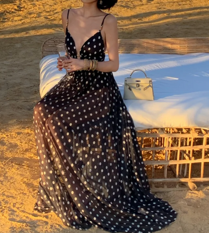 Classical Spaghetti Strap Black Prom Dress Polka Dots A-Line Formal Dress GG6935