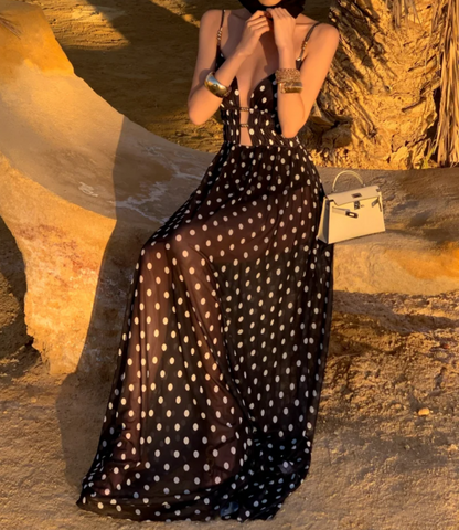 Classical Spaghetti Strap Black Prom Dress Polka Dots A-Line Formal Dress GG6935