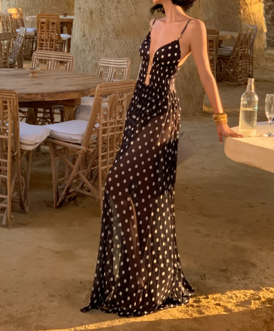 Classical Spaghetti Strap Black Prom Dress Polka Dots A-Line Formal Dress GG6935