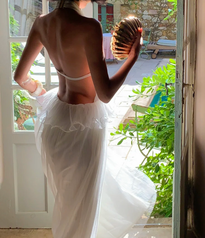 Graceful Halter Neck White Prom Dress Ruffles Backless A-Line Formal Dress GG6936