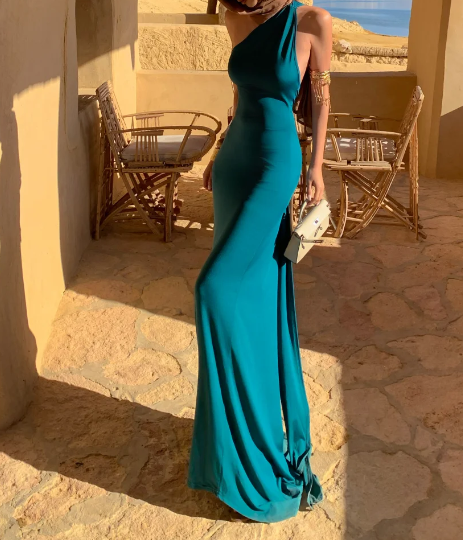 Retro One Shoulder Prom Dress Dark Green Mermaid Formal Dress GG6937