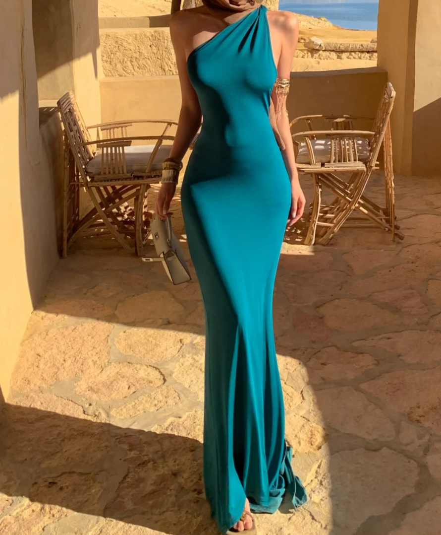 Retro One Shoulder Prom Dress Dark Green Mermaid Formal Dress GG6937