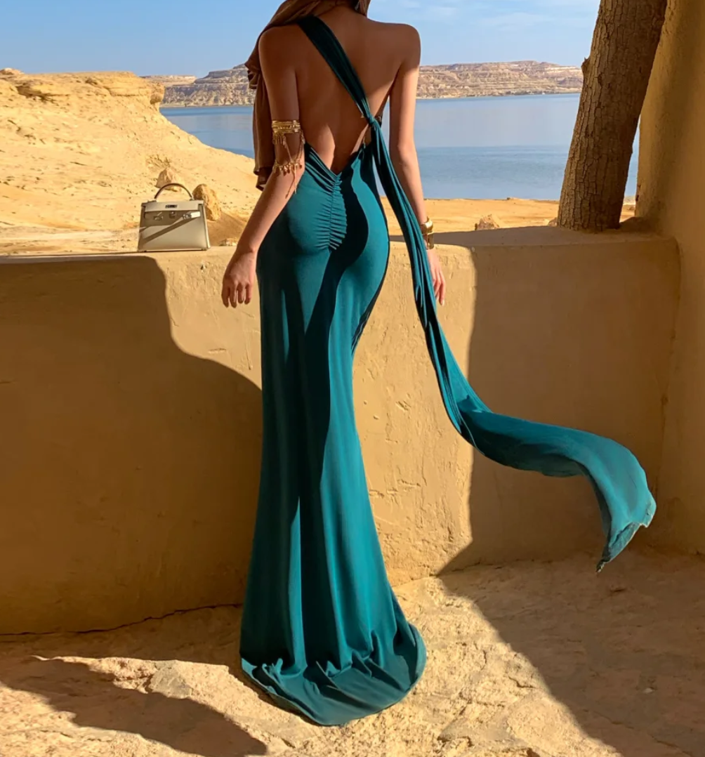 Retro One Shoulder Prom Dress Dark Green Mermaid Formal Dress GG6937