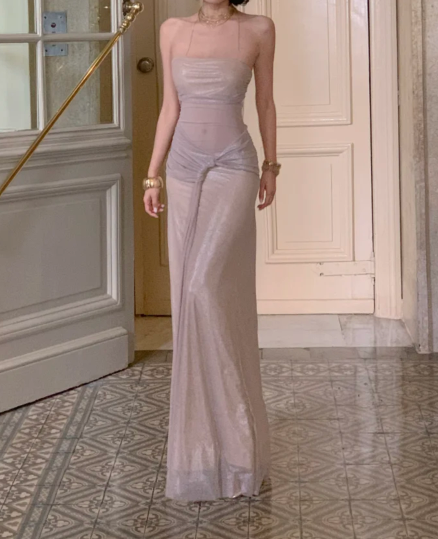 Glam Strapless Prom Dress Beige Sequins Mermaid Formal Dress GG6938