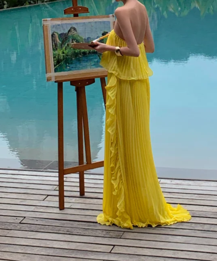 Flowy Strapless Yellow Prom Dress Ruffles Pleated A-Line Formal Dress GG6939