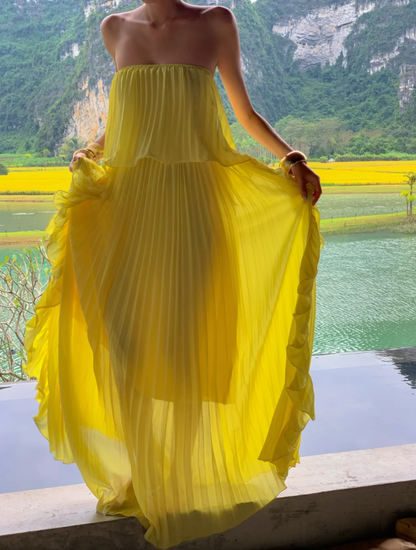 Flowy Strapless Yellow Prom Dress Ruffles Pleated A-Line Formal Dress GG6939