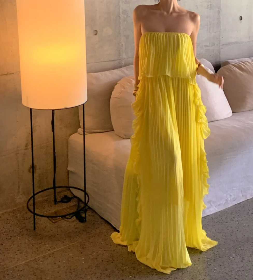 Flowy Strapless Yellow Prom Dress Ruffles Pleated A-Line Formal Dress GG6939