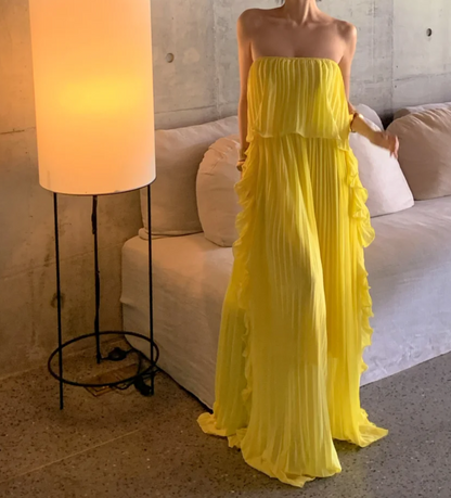 Flowy Strapless Yellow Prom Dress Ruffles Pleated A-Line Formal Dress GG6939
