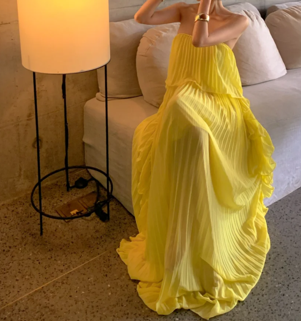 Flowy Strapless Yellow Prom Dress Ruffles Pleated A-Line Formal Dress GG6939
