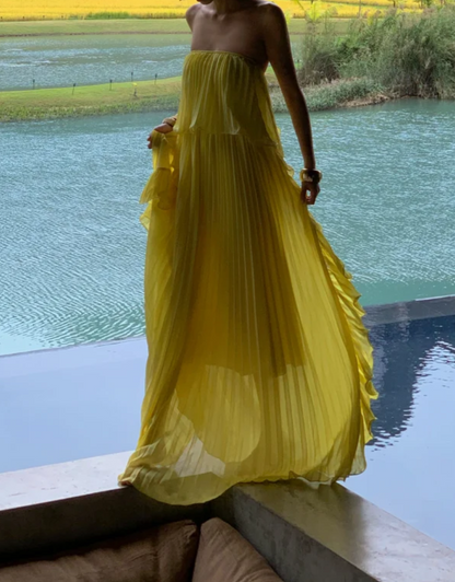 Flowy Strapless Yellow Prom Dress Ruffles Pleated A-Line Formal Dress GG6939