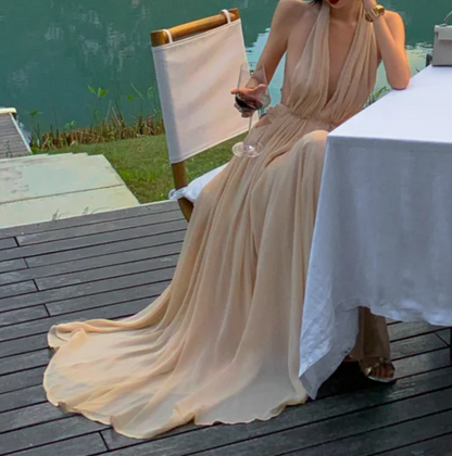 Unique Halter Neck Beige Prom Dress Chiffon Backless A-Line Formal Dress GG6940