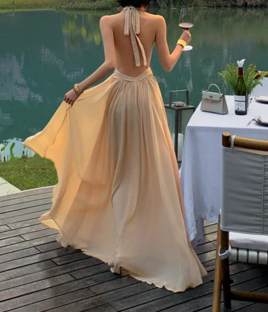 Unique Halter Neck Beige Prom Dress Chiffon Backless A-Line Formal Dress GG6940