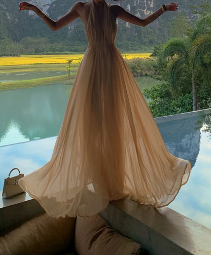 Unique Halter Neck Beige Prom Dress Chiffon Backless A-Line Formal Dress GG6940