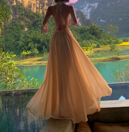 Unique Halter Neck Beige Prom Dress Chiffon Backless A-Line Formal Dress GG6940