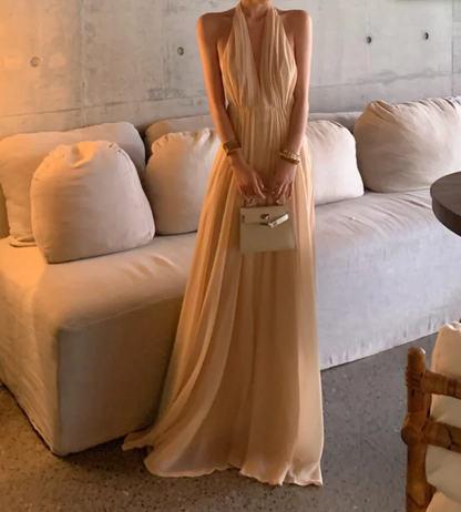 Unique Halter Neck Beige Prom Dress Chiffon Backless A-Line Formal Dress GG6940