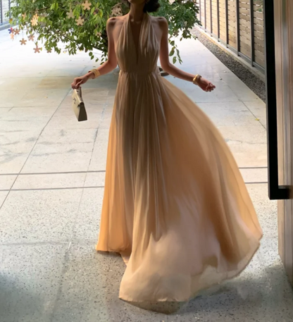 Unique Halter Neck Beige Prom Dress Chiffon Backless A-Line Formal Dress GG6940