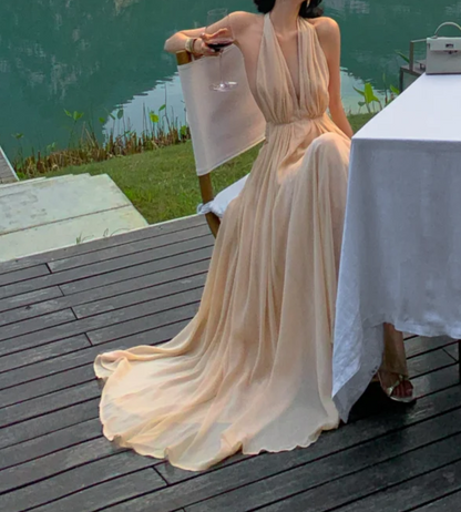 Unique Halter Neck Beige Prom Dress Chiffon Backless A-Line Formal Dress GG6940