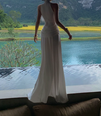 Chic Halter Neck White Prom Dress Slit Sleeveless A-Line Formal Dress GG6941