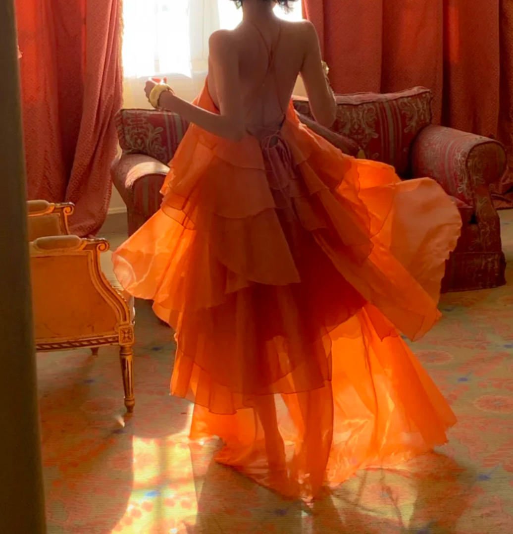 Flowy Halter Neck Orange Prom Dress Ruffles Tiered A-Line Formal Dress GG6943