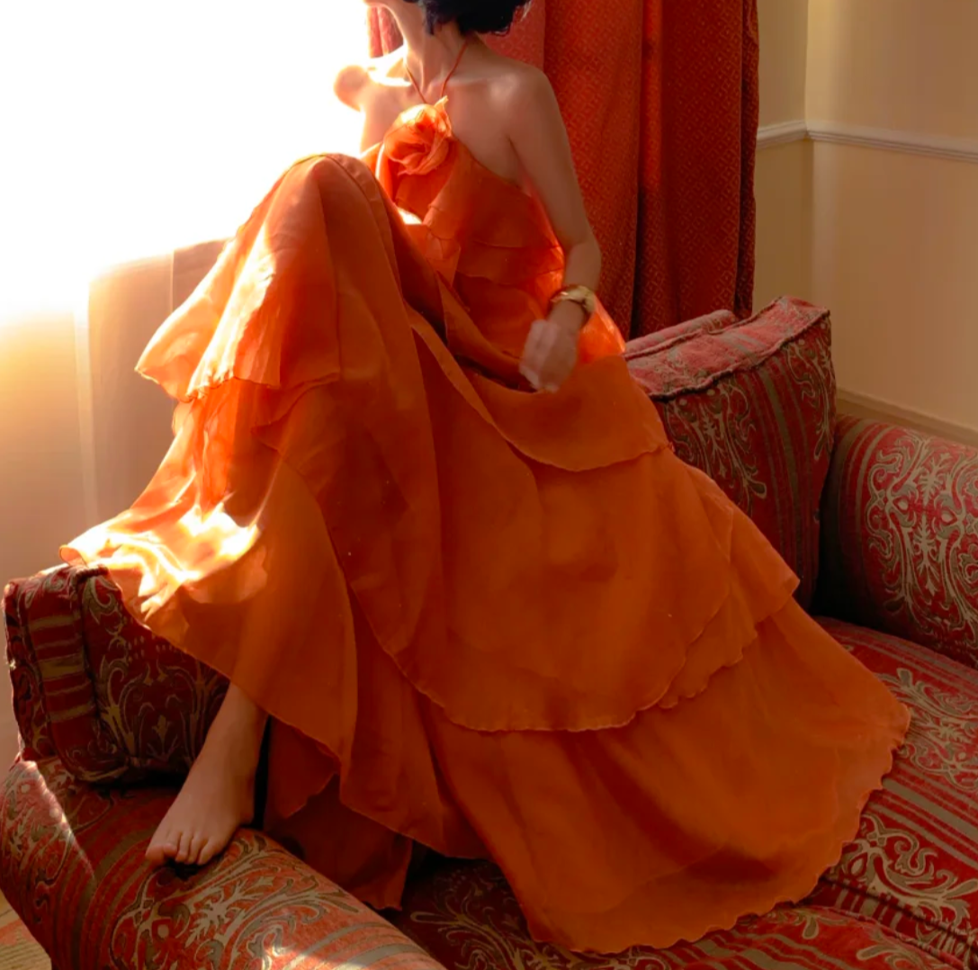 Flowy Halter Neck Orange Prom Dress Ruffles Tiered A-Line Formal Dress GG6943