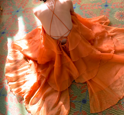 Flowy Halter Neck Orange Prom Dress Ruffles Tiered A-Line Formal Dress GG6943